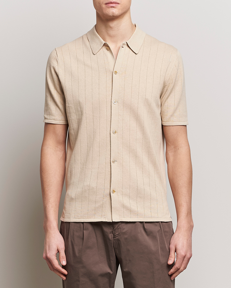 Homme | Polos | Stenströms | Linen/Cotton Rib Knitted Buttonthru Shirt Beige