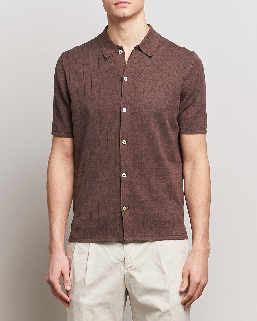 Homme | Polos | Stenströms | Linen/Cotton Rib Knitted Buttonthru Shirt Brown