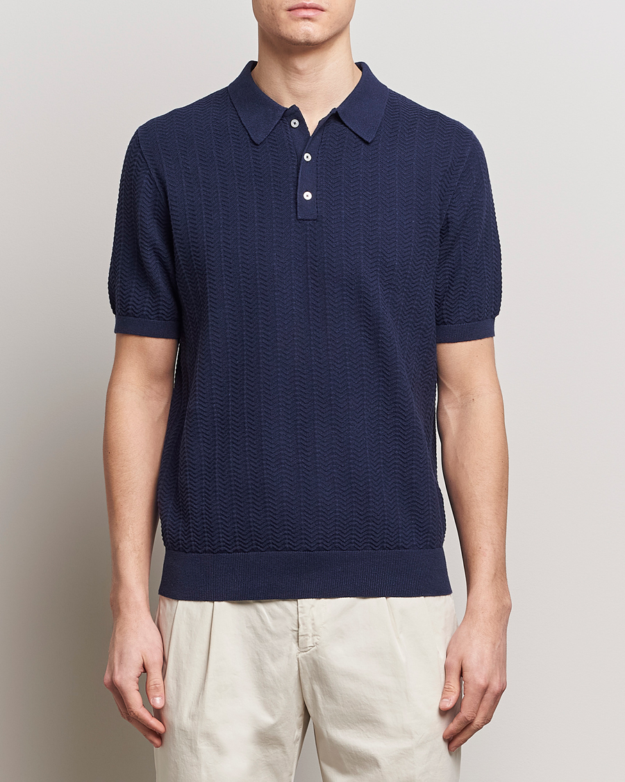 Homme | Polos | Stenströms | Linen/Cotton Crochet Knitted Polo Shirt Navy