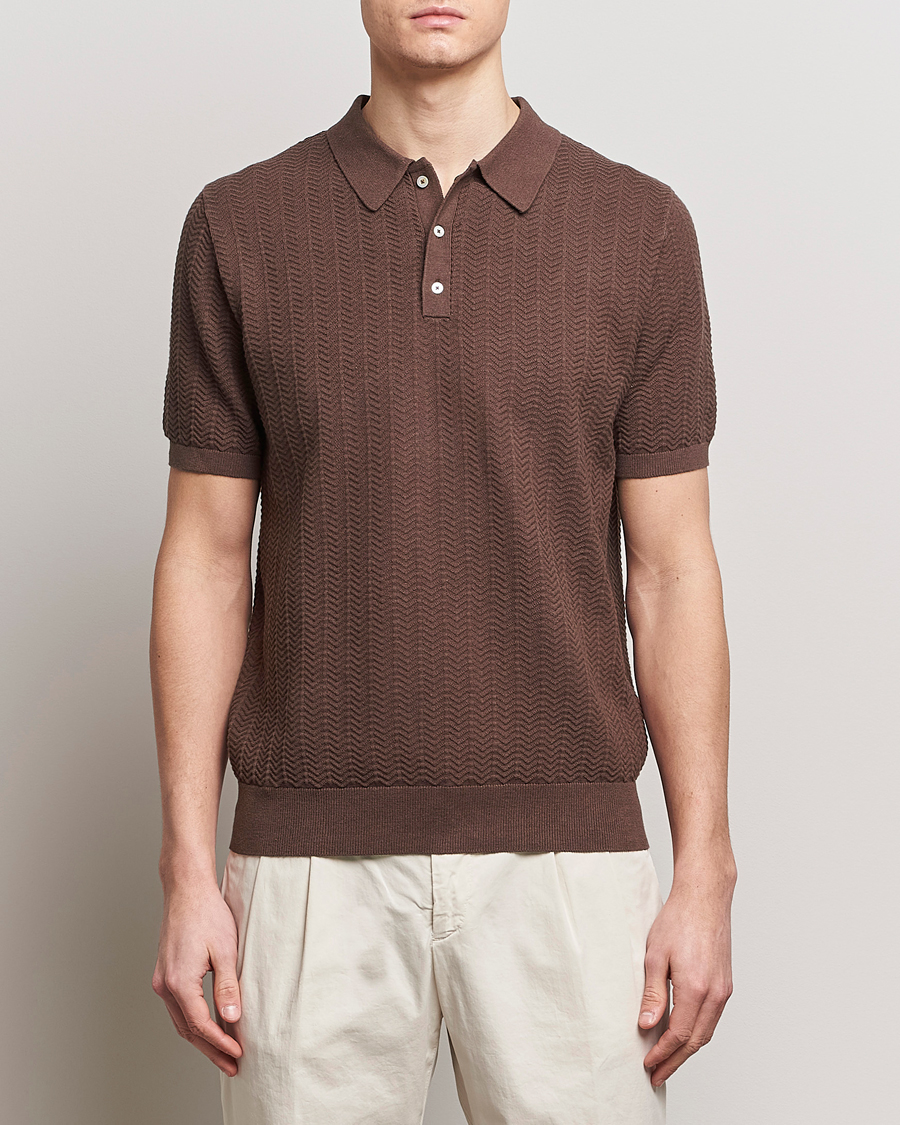Homme | Polos | Stenströms | Linen/Cotton Crochet Knitted Polo Shirt Brown