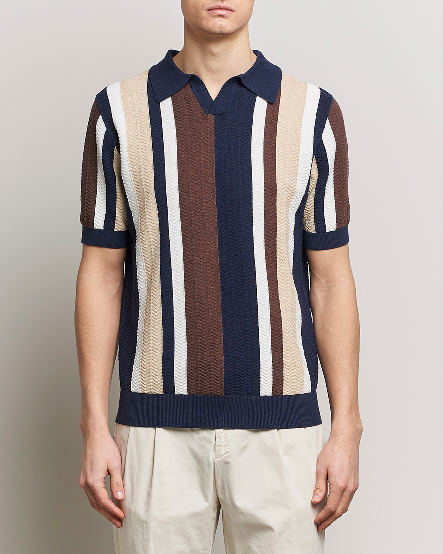 Homme | Polos | Stenströms | Linen/Cotton Striped Crochet Knitted Polo Multi