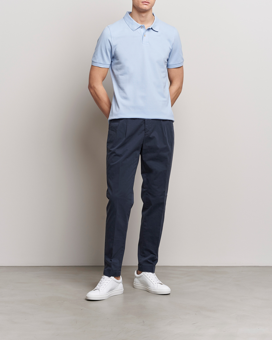 Homme | Polos | Stenströms | Organic Cotton Piquet Polo Shirt Light Blue