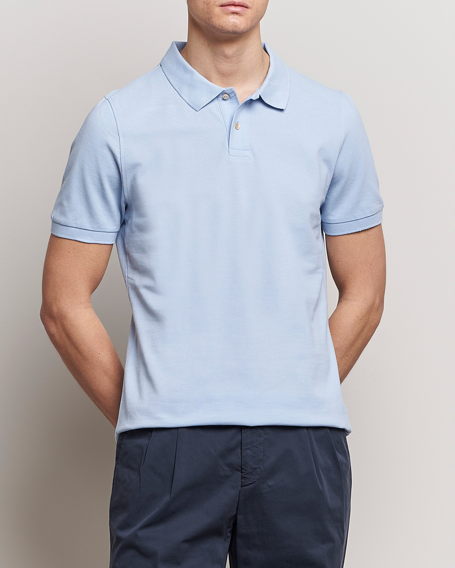 Homme | Polos | Stenströms | Organic Cotton Piquet Polo Shirt Light Blue