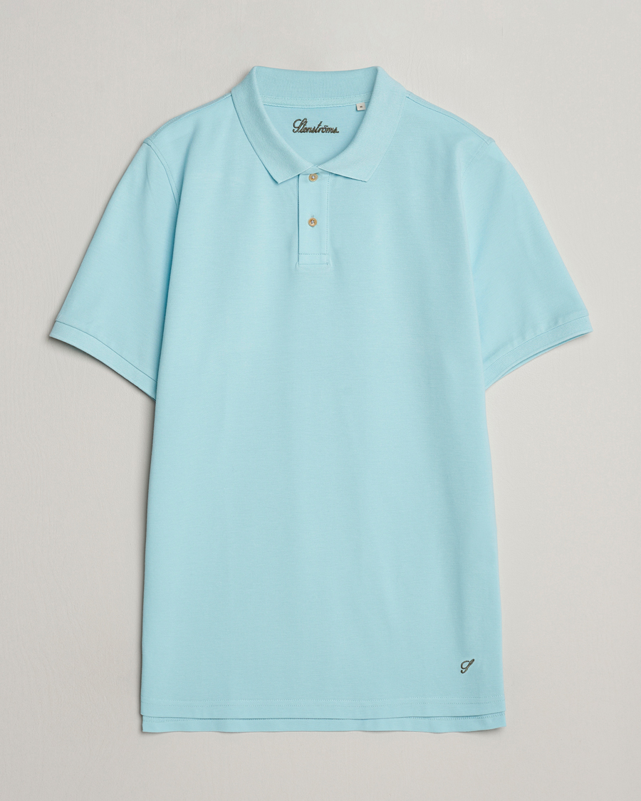 Homme | Polos | Stenströms | Organic Cotton Piquet Polo Shirt Aqua Blue