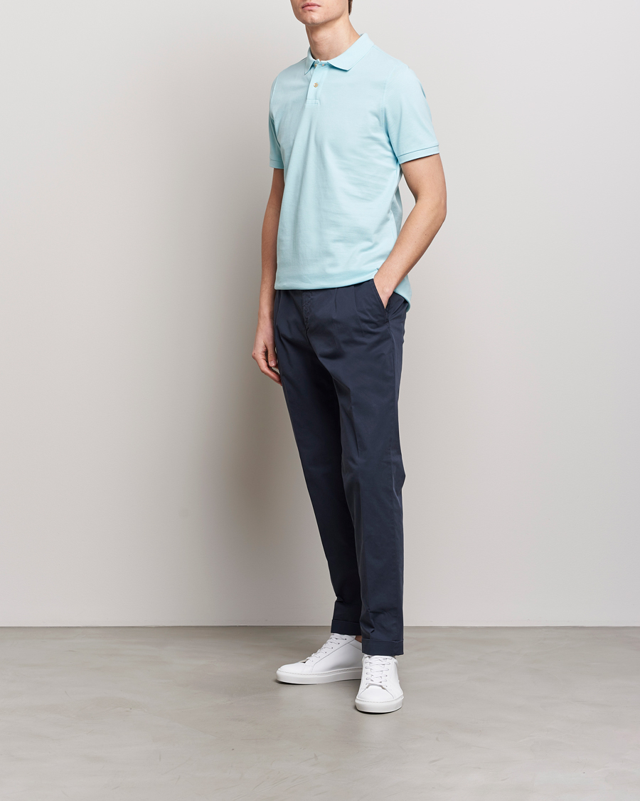 Homme | Polos | Stenströms | Organic Cotton Piquet Polo Shirt Aqua Blue