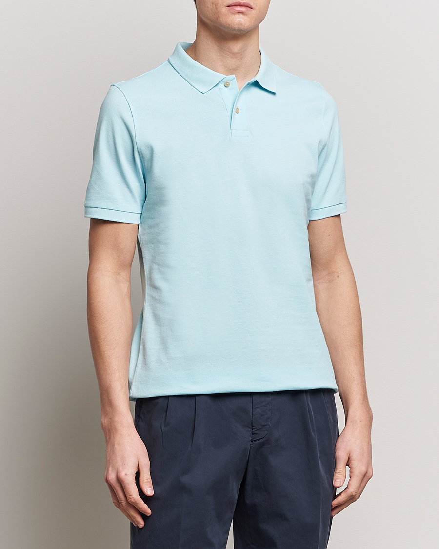 Homme | Polos | Stenströms | Organic Cotton Piquet Polo Shirt Aqua Blue