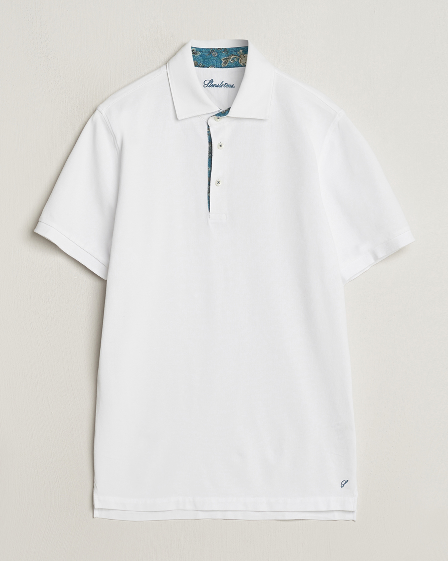 Homme | Polos | Stenströms | Cotton Pique Contrast Polo Shirt White