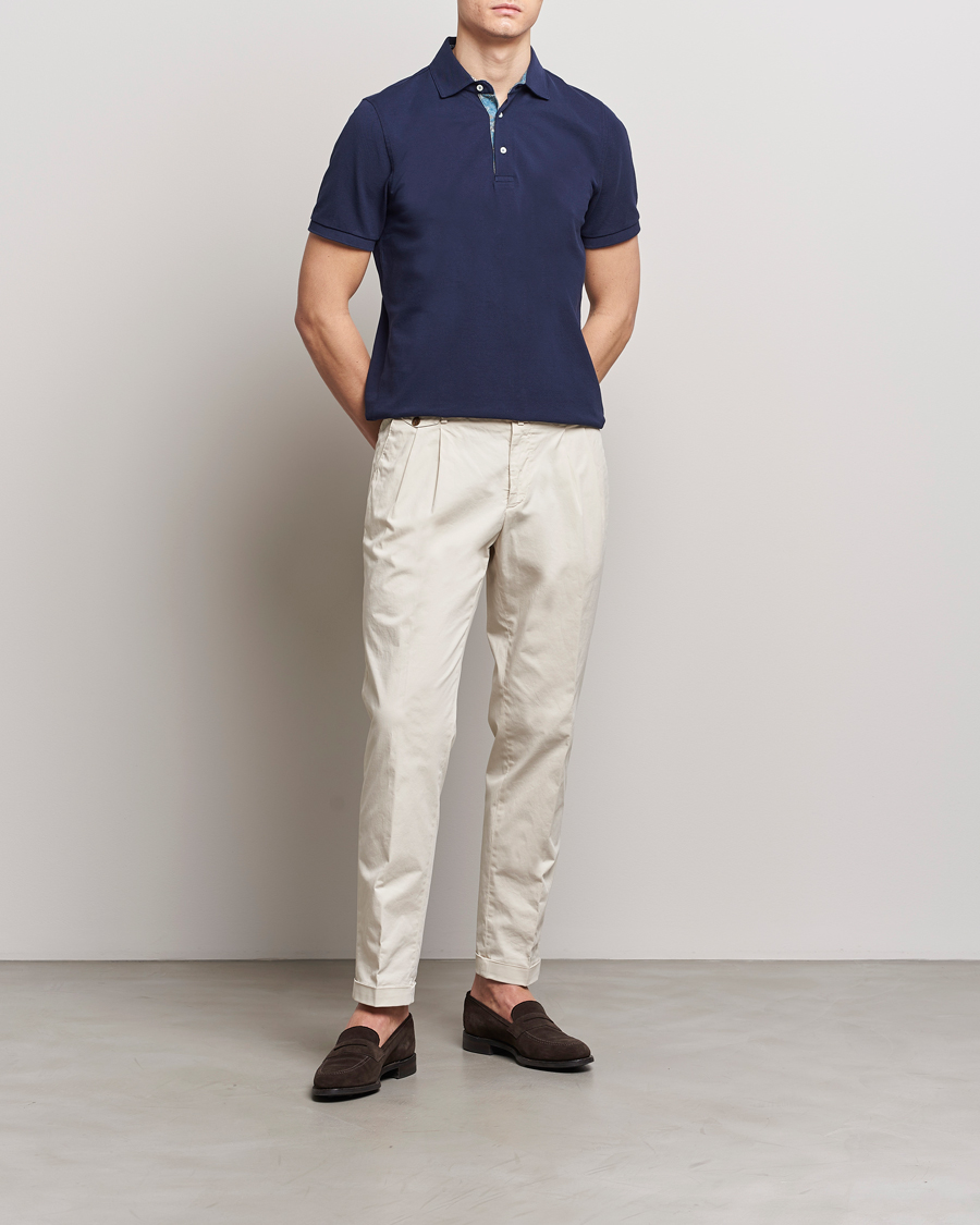 Homme | Polos | Stenströms | Cotton Pique Contrast Polo Shirt Navy