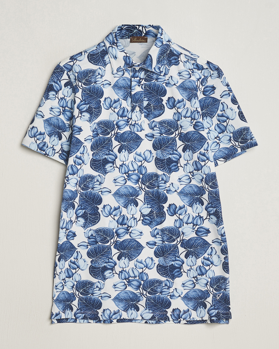 Homme | Polos | Stenströms | Cotton Pique Printed Polo Shirt Blue