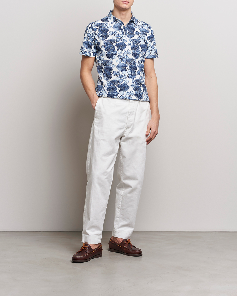 Homme | Polos | Stenströms | Cotton Pique Printed Polo Shirt Blue