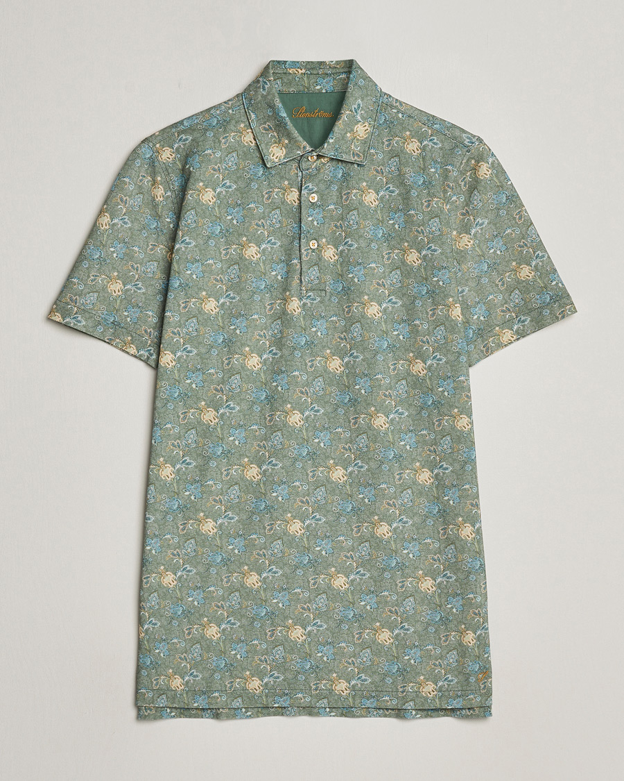 Homme | Polos | Stenströms | Cotton Pique Paisley Printed Polo Shirt Green