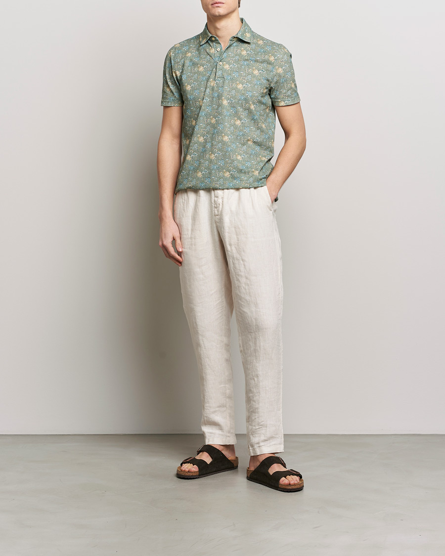 Homme | Polos | Stenströms | Cotton Pique Paisley Printed Polo Shirt Green