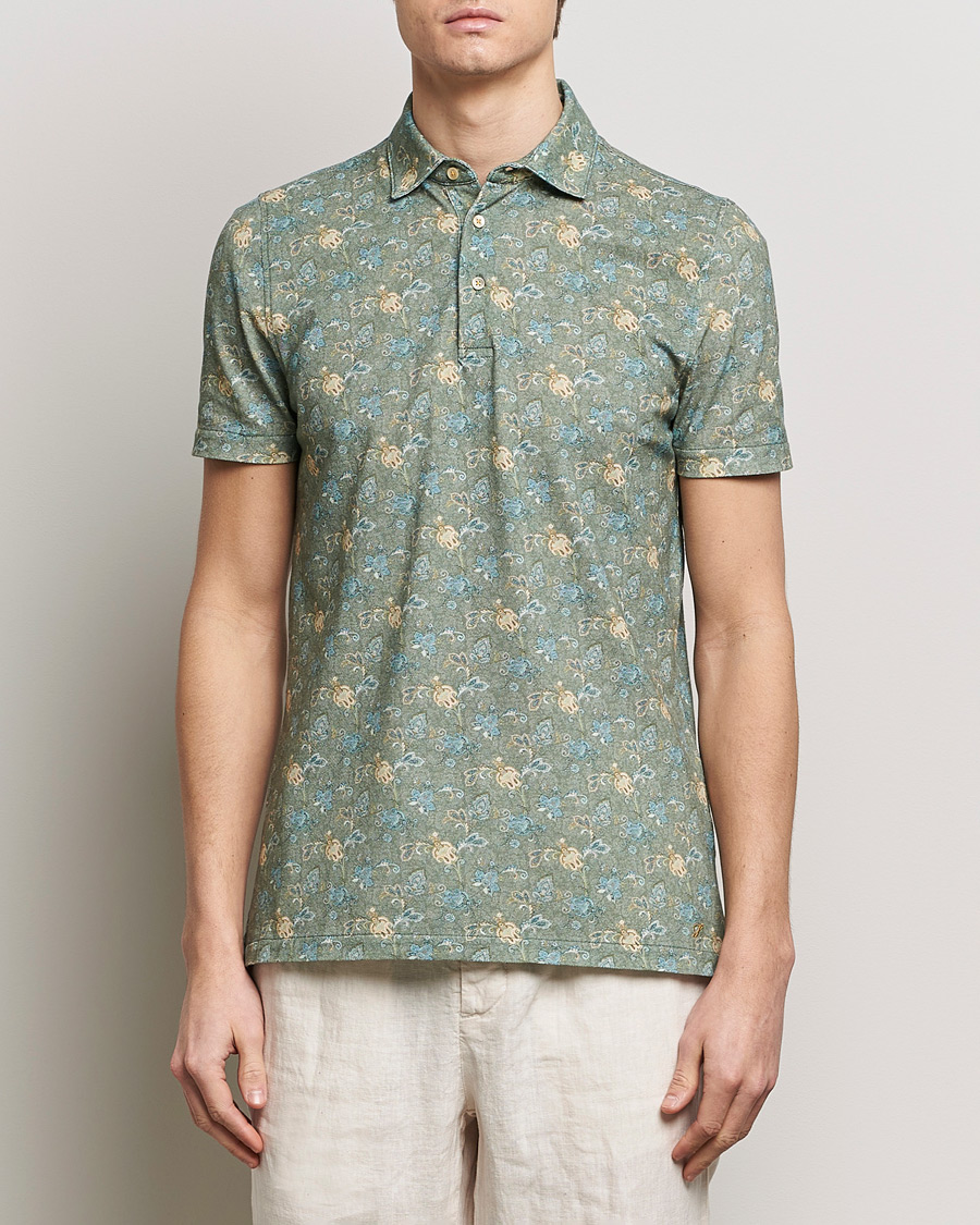 Homme |  | Stenströms | Cotton Pique Paisley Printed Polo Shirt Green
