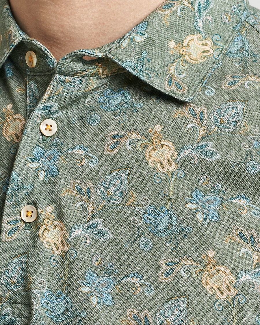 Homme | Polos | Stenströms | Cotton Pique Paisley Printed Polo Shirt Green
