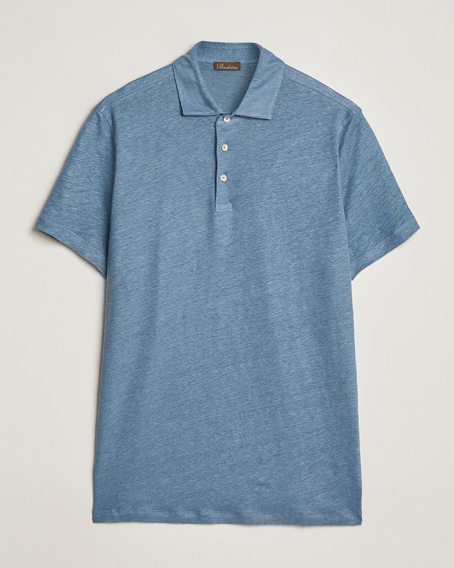 Homme | Polos | Stenströms | Linen Polo Shirt Steel Blue