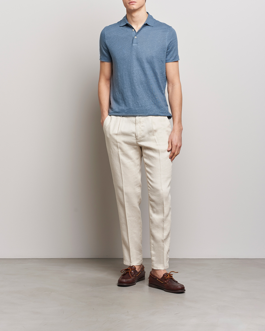 Homme | Polos | Stenströms | Linen Polo Shirt Steel Blue