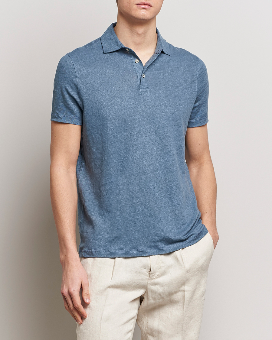 Homme | Polos | Stenströms | Linen Polo Shirt Steel Blue
