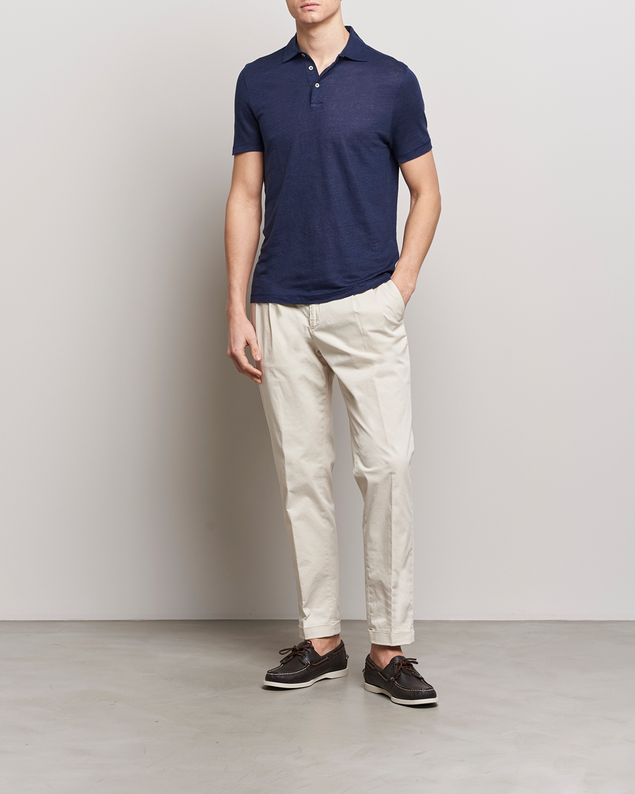 Homme | Polos | Stenströms | Linen Polo Shirt Navy