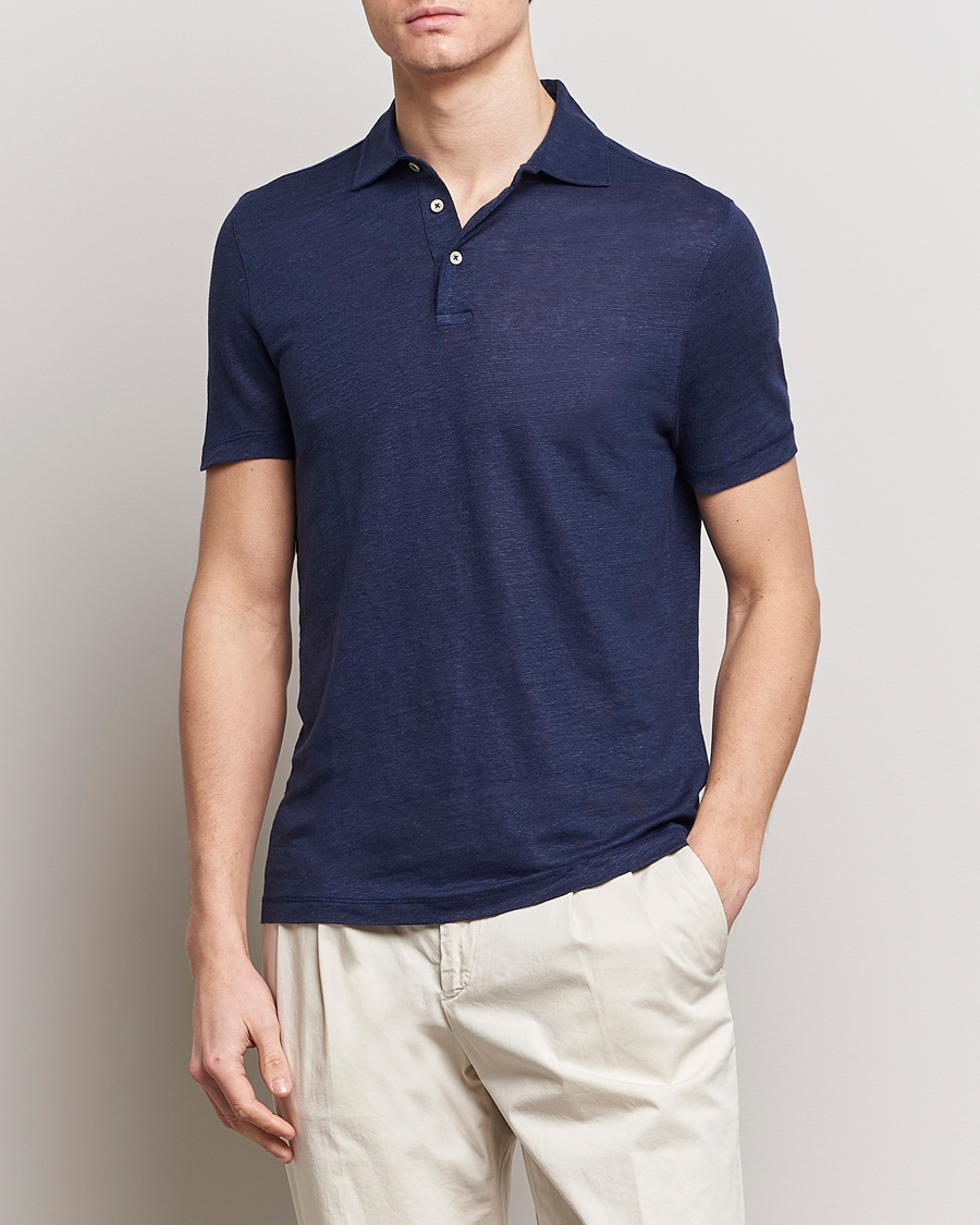 Homme | Polos | Stenströms | Linen Polo Shirt Navy