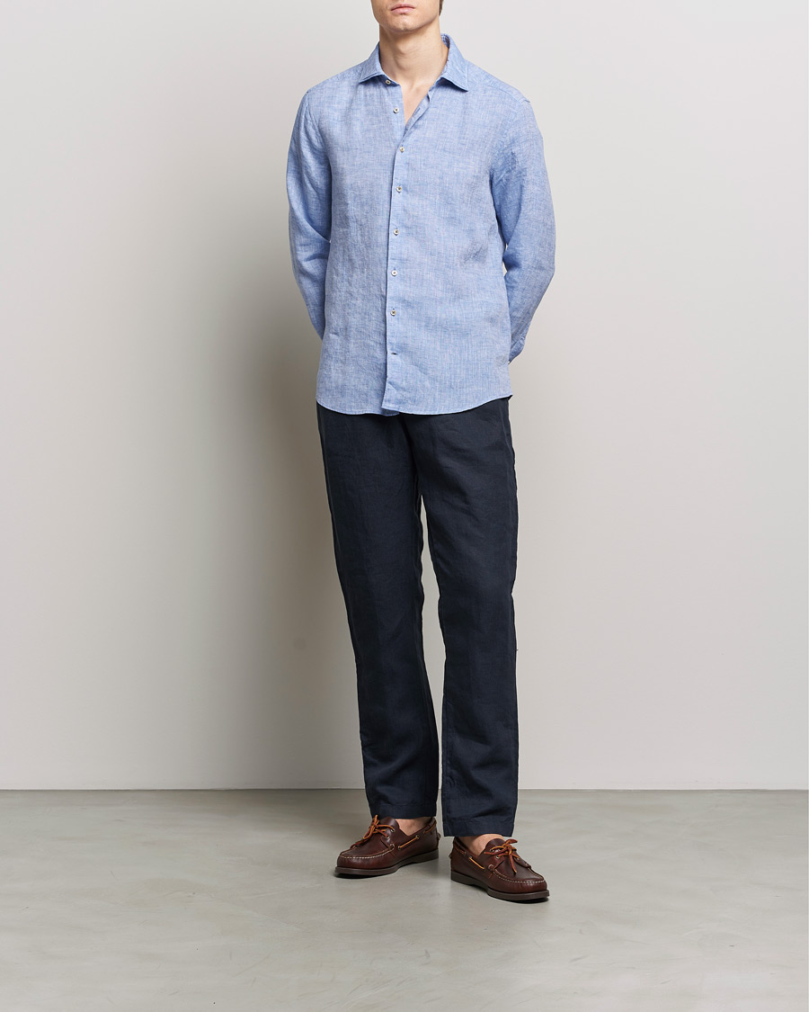 Homme | Chemises | Stenströms | Slimline Cut Away Linen Shirt Blue