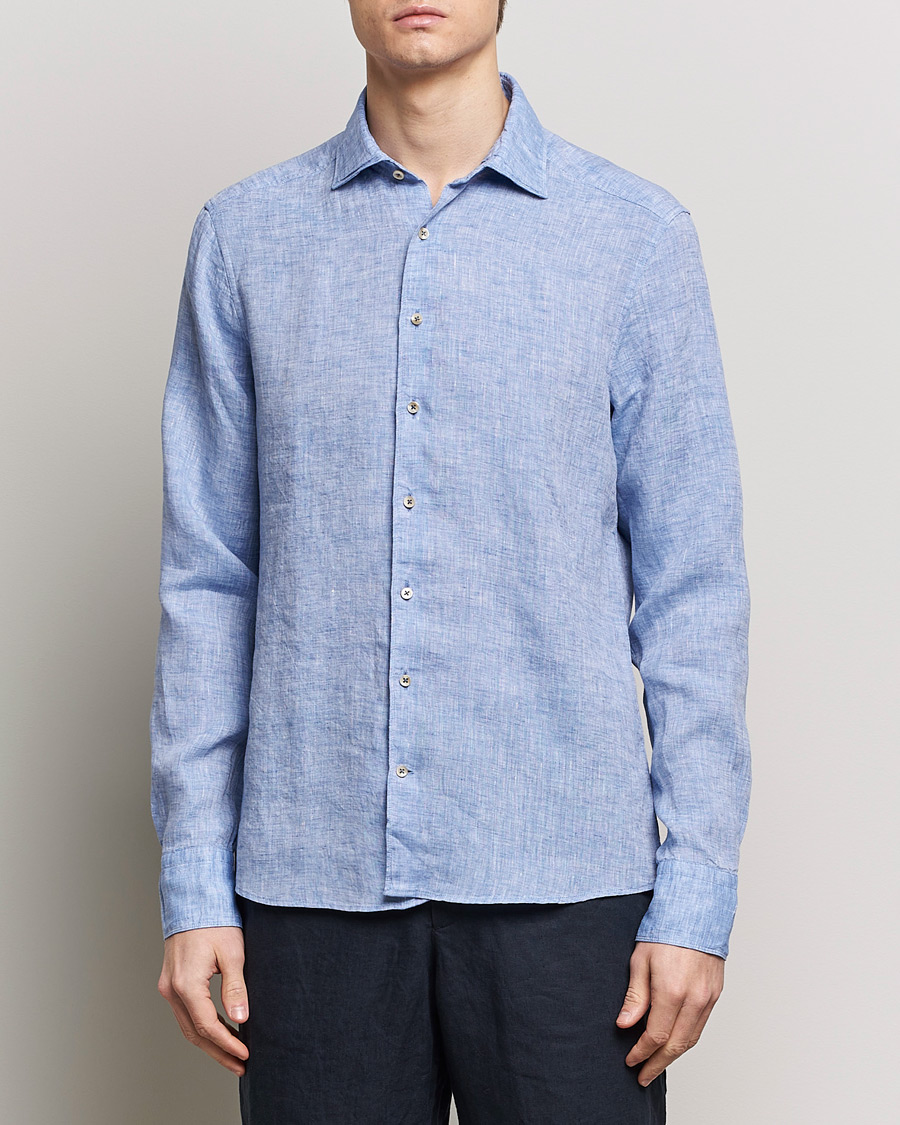 Homme | Chemises En Lin | Stenströms | Slimline Cut Away Linen Shirt Blue