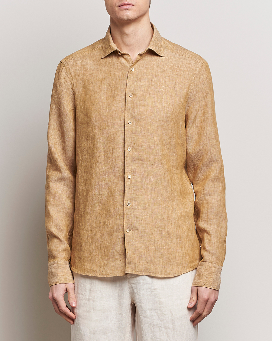 Homme | Chemises En Lin | Stenströms | Slimline Cut Away Linen Shirt Brown