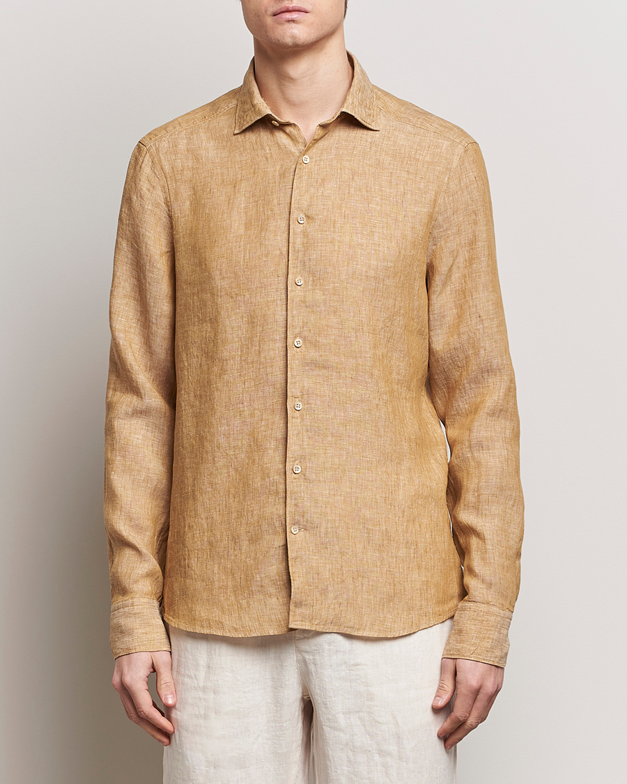 Homme | Chemises | Stenströms | Slimline Cut Away Linen Shirt Brown