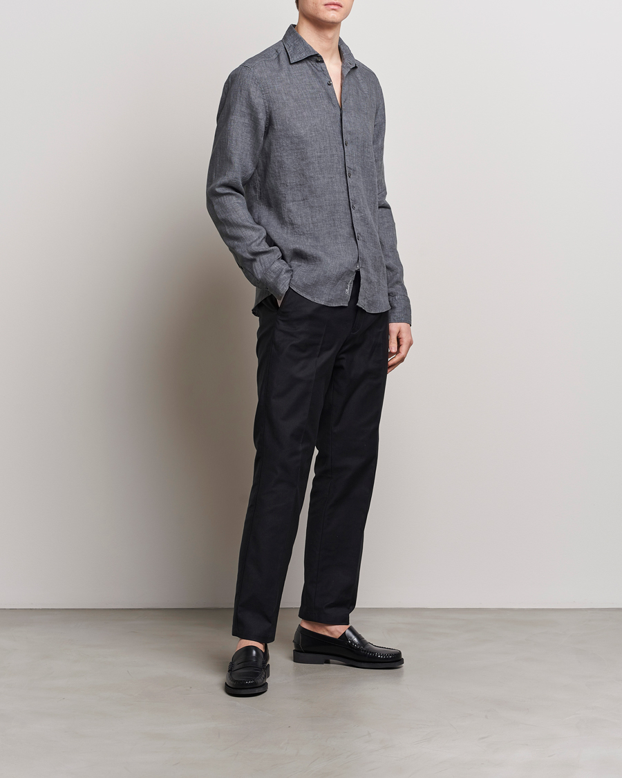 Homme | Chemises | Stenströms | Slimline Cut Away Linen Shirt Dark Grey