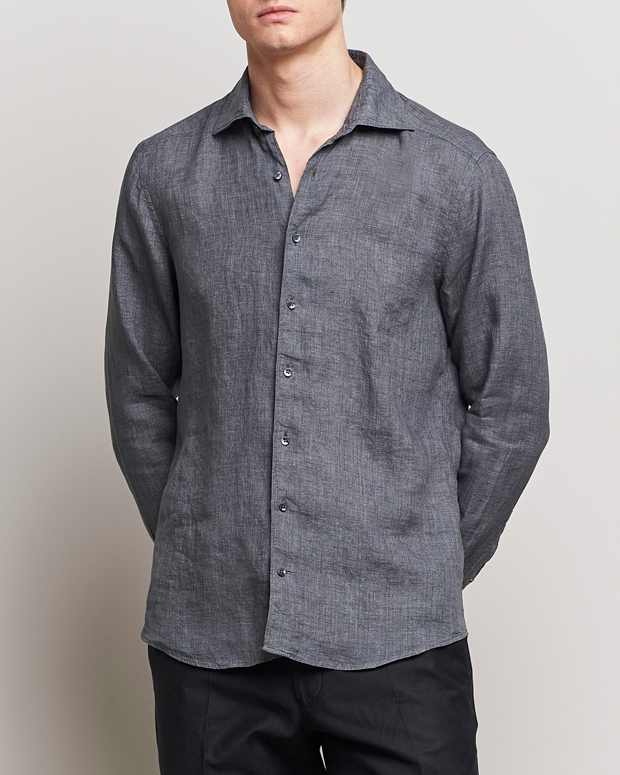 Homme | Chemises En Lin | Stenströms | Slimline Cut Away Linen Shirt Dark Grey