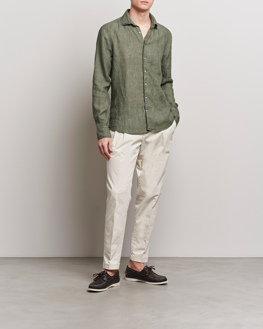 Homme | Chemises | Stenströms | Slimline Cut Away Linen Shirt Olive