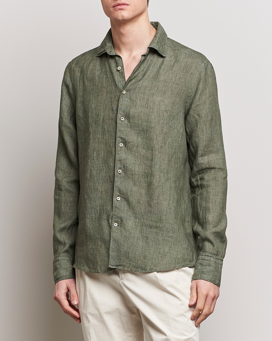 Homme | Chemises En Lin | Stenströms | Slimline Cut Away Linen Shirt Olive