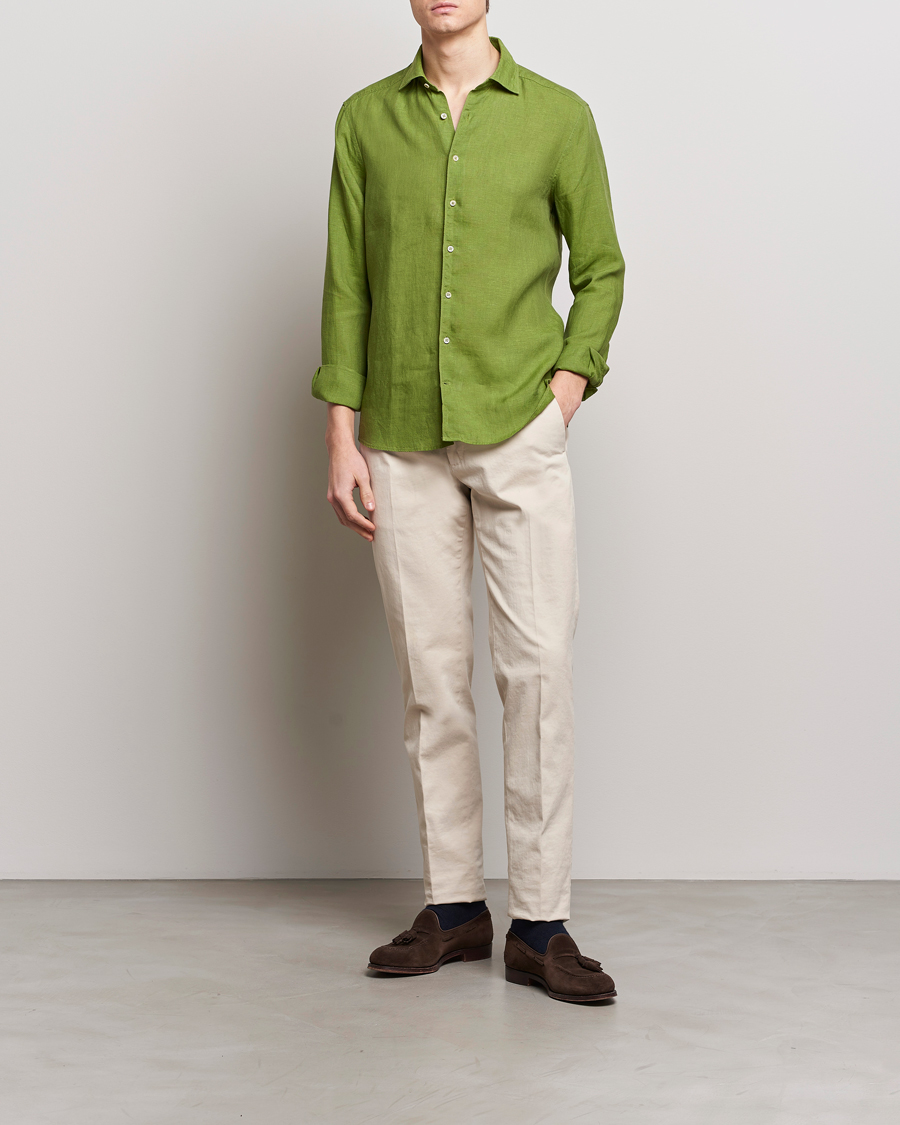 Homme | Chemises | Stenströms | Slimline Cut Away Linen Shirt Green