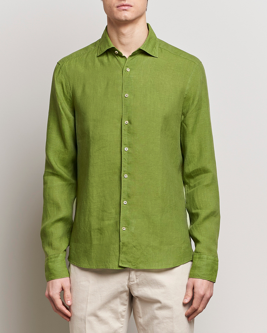 Homme | Chemises En Lin | Stenströms | Slimline Cut Away Linen Shirt Green