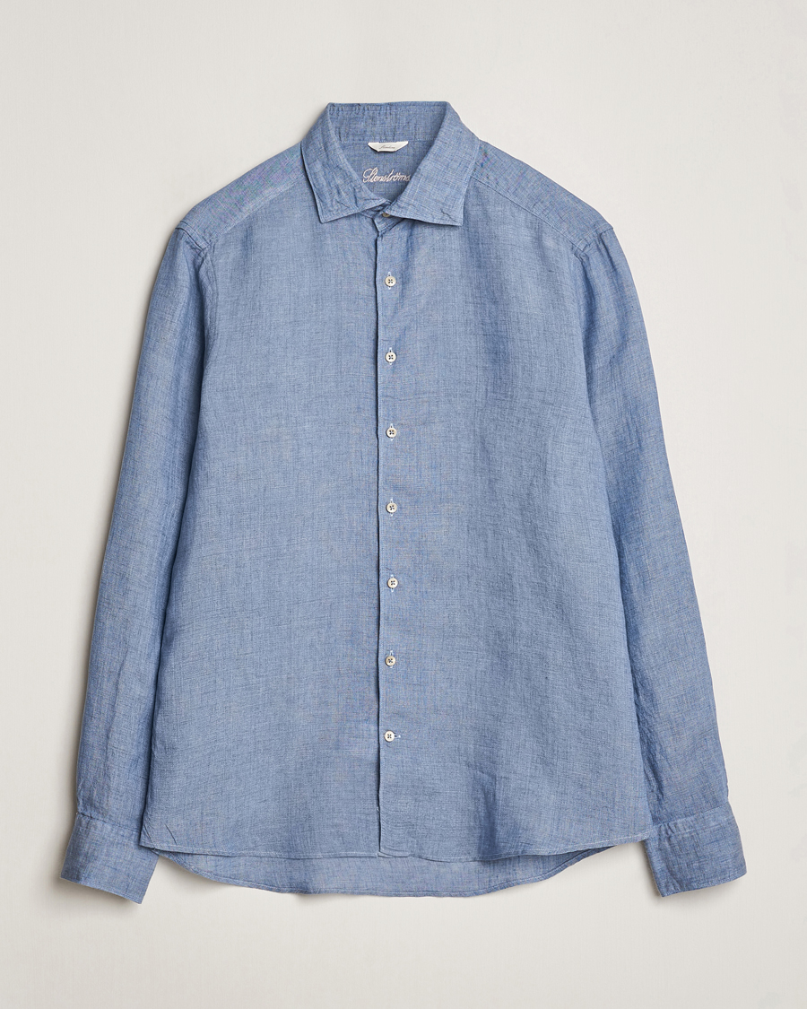 Homme | Chemises | Stenströms | Slimline Cut Away Linen Shirt Steel Blue