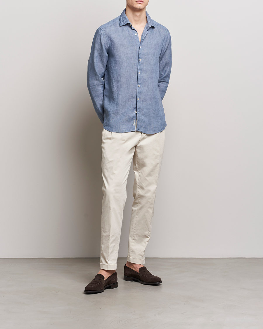 Homme | Chemises | Stenströms | Slimline Cut Away Linen Shirt Steel Blue