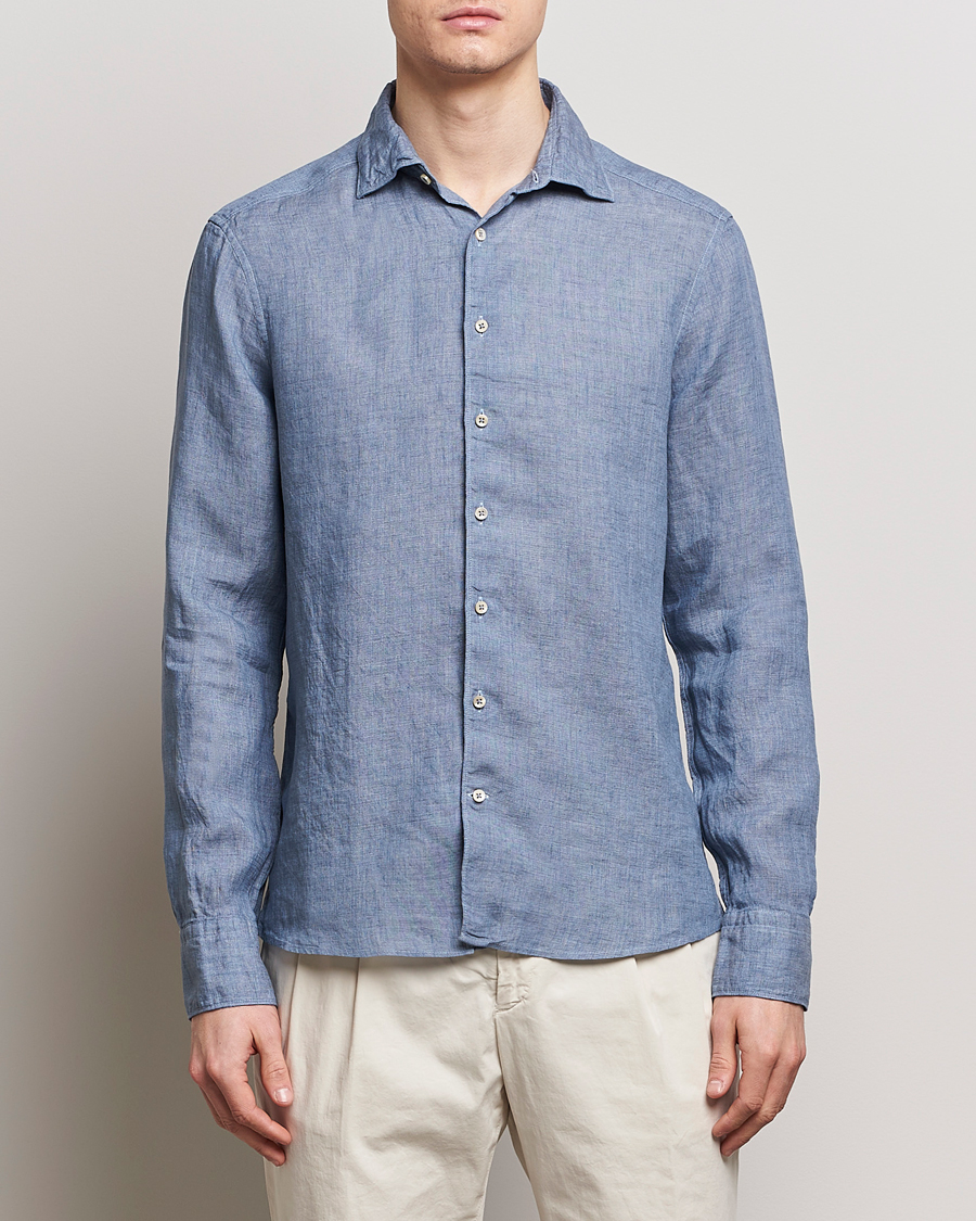 Homme | Chemises En Lin | Stenströms | Slimline Cut Away Linen Shirt Steel Blue