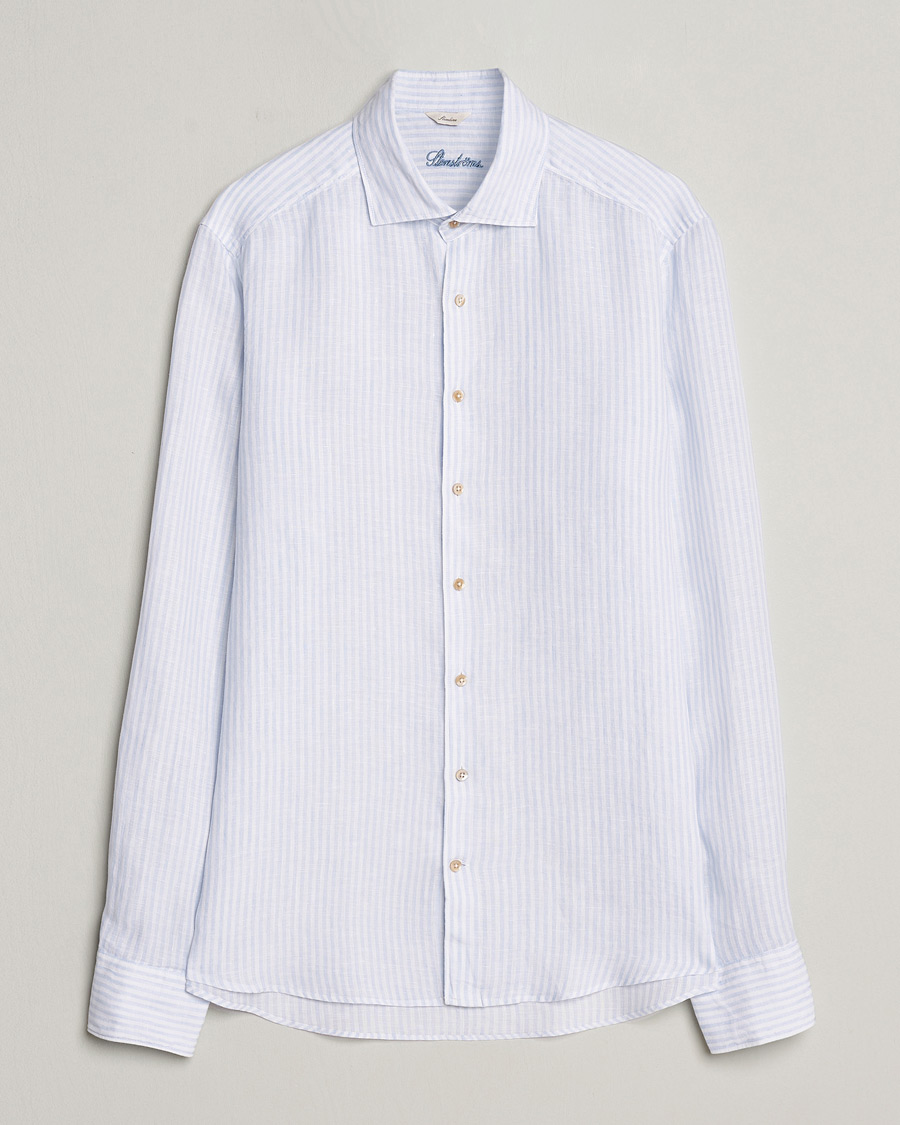 Homme | Chemises | Stenströms | Slimline Cut Away Striped Linen Shirt Light Blue