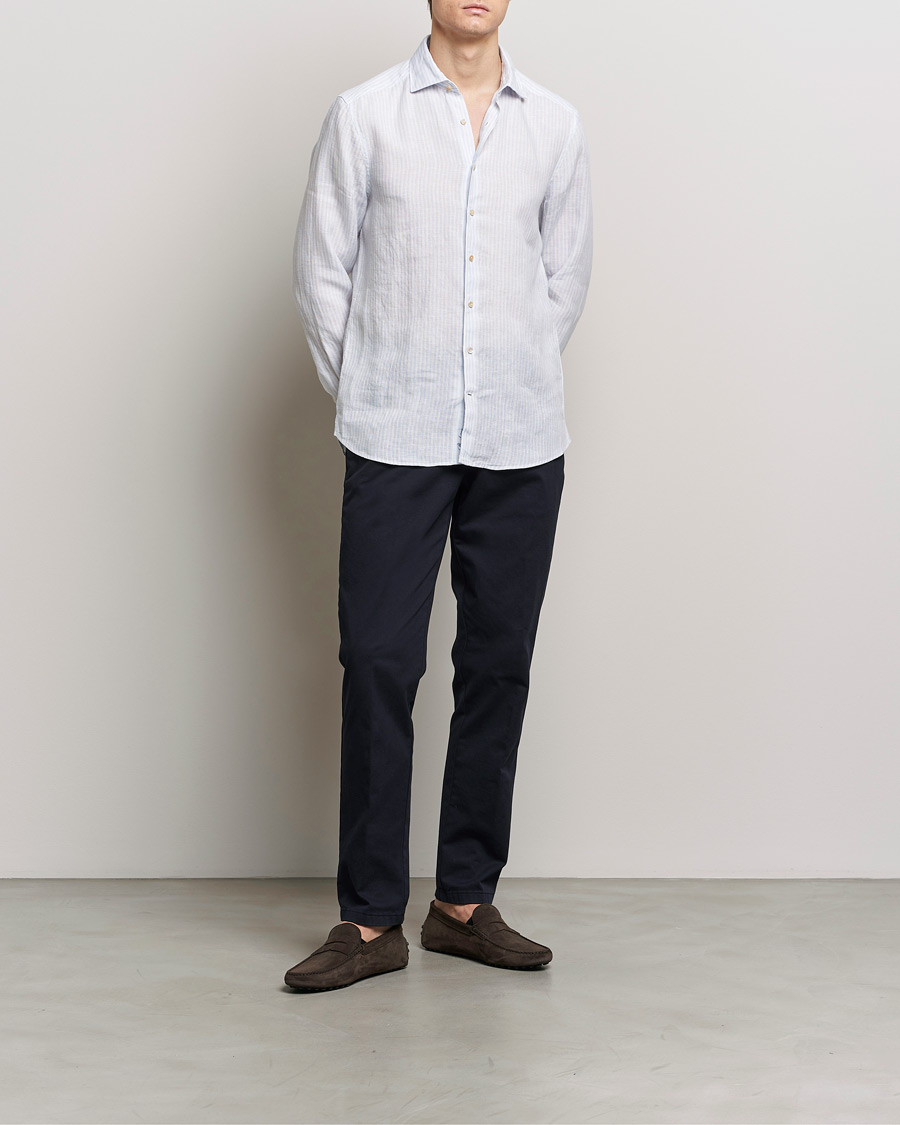 Homme | Chemises | Stenströms | Slimline Cut Away Striped Linen Shirt Light Blue
