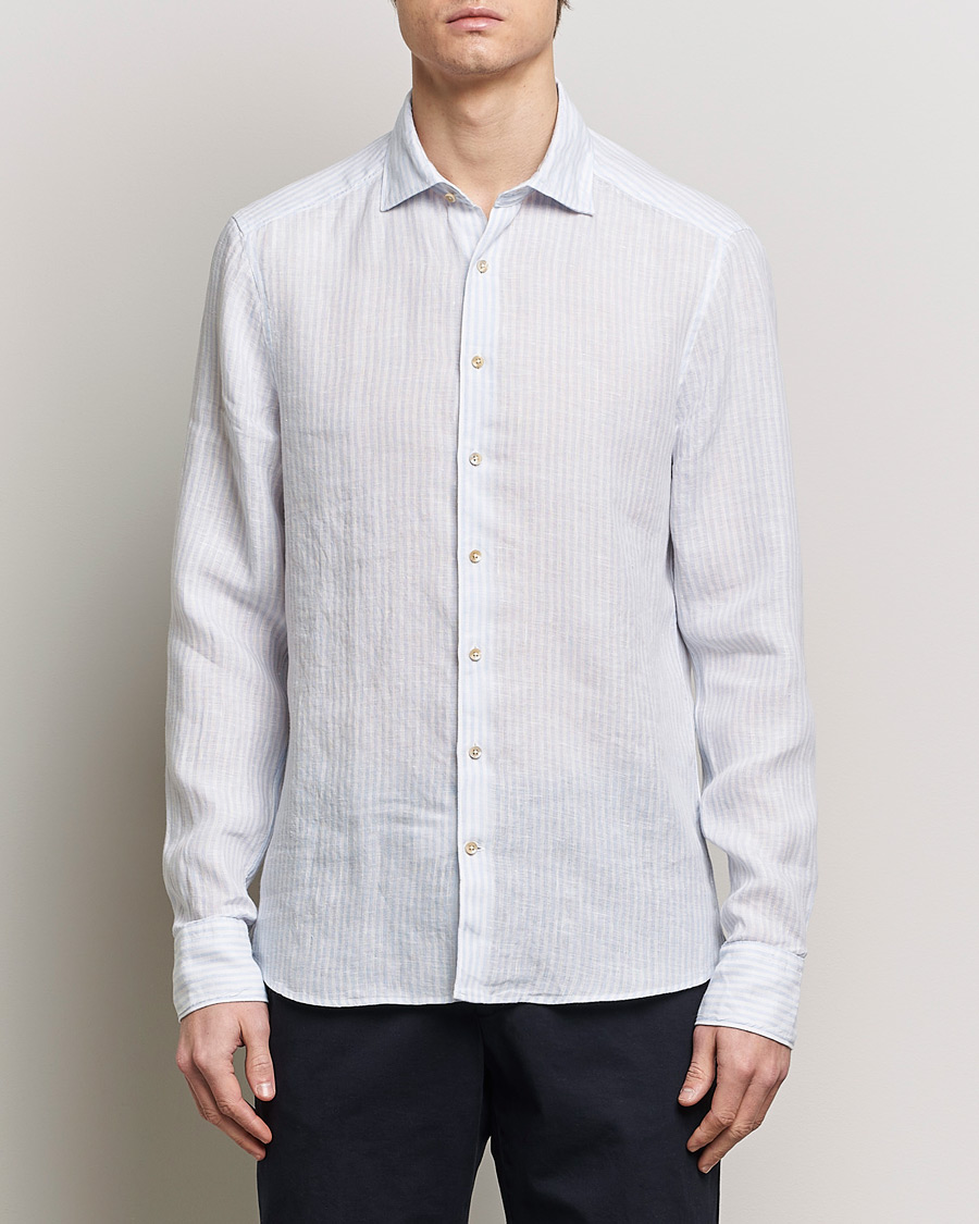 Homme | Chemises En Lin | Stenströms | Slimline Cut Away Striped Linen Shirt Light Blue
