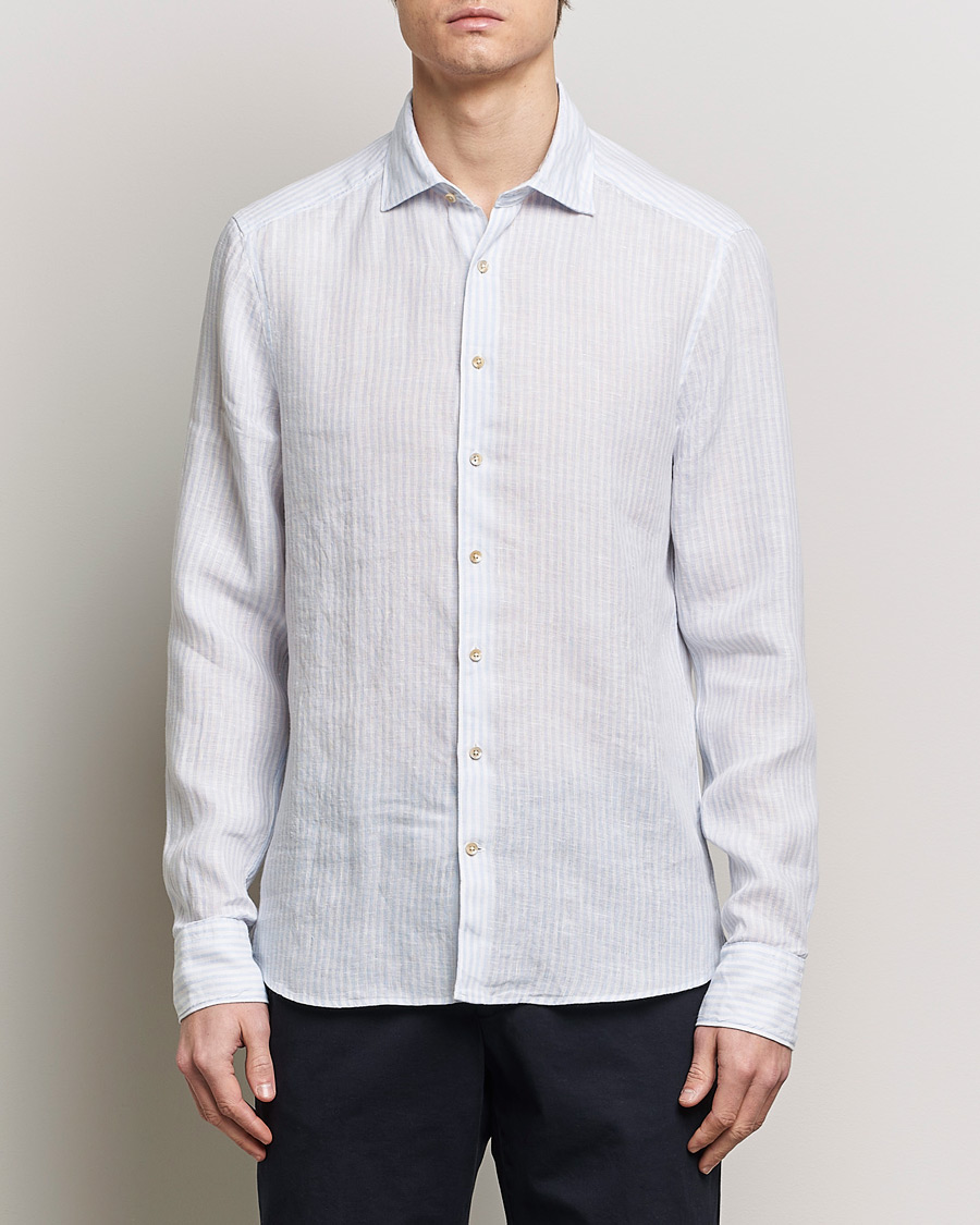 Homme | Chemises | Stenströms | Slimline Cut Away Striped Linen Shirt Light Blue
