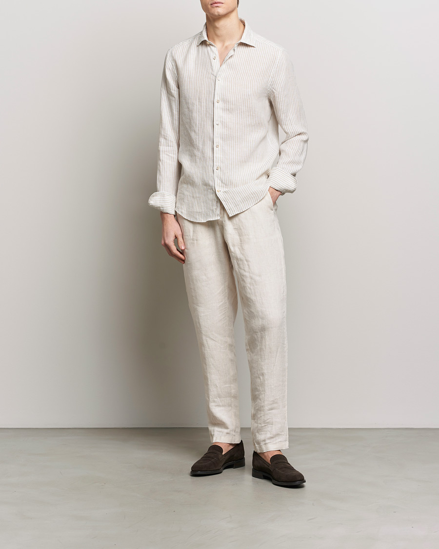 Homme | Chemises | Stenströms | Slimline Cut Away Striped Linen Shirt Beige
