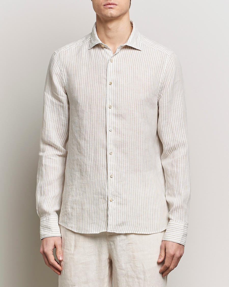 Men | Smart Casual | Stenströms | Slimline Cut Away Striped Linen Shirt Beige