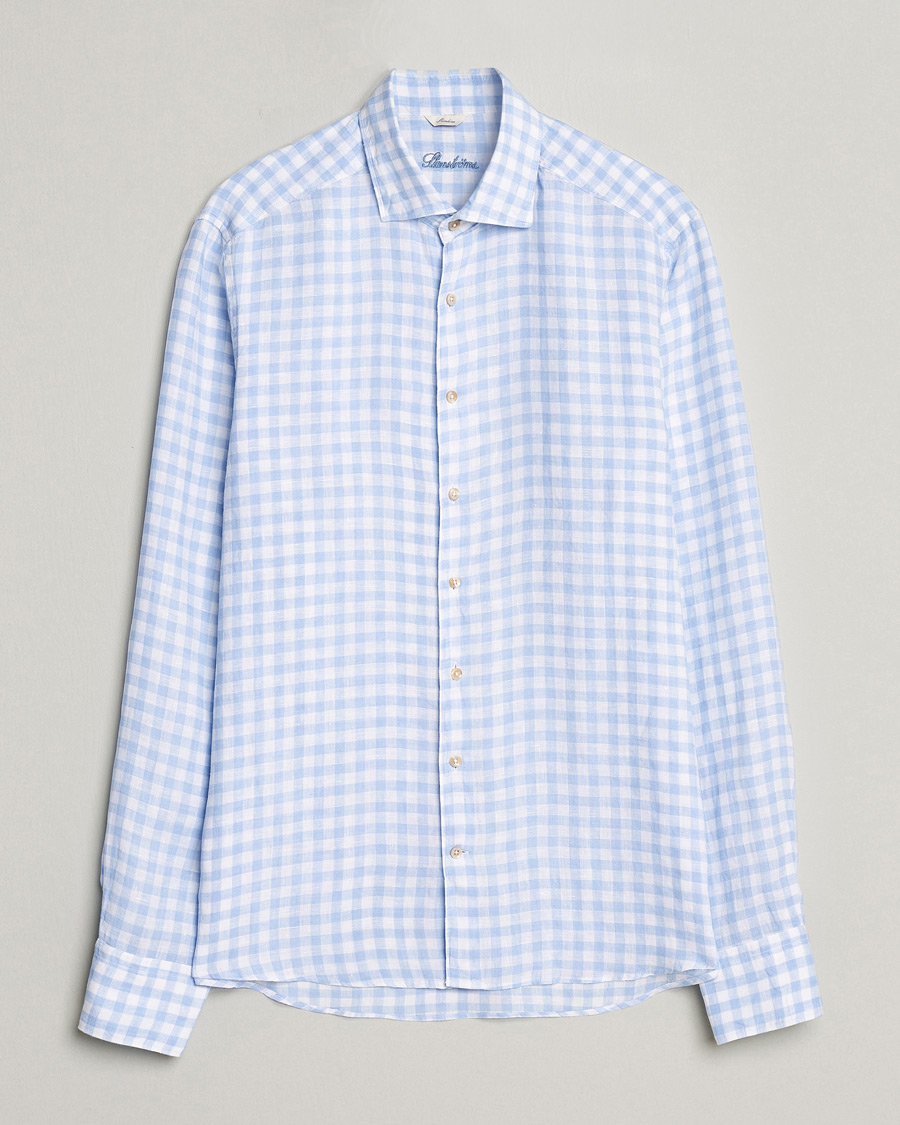 Homme | Chemises | Stenströms | Slimline Cut Away Checked Linen Shirt Light Blue