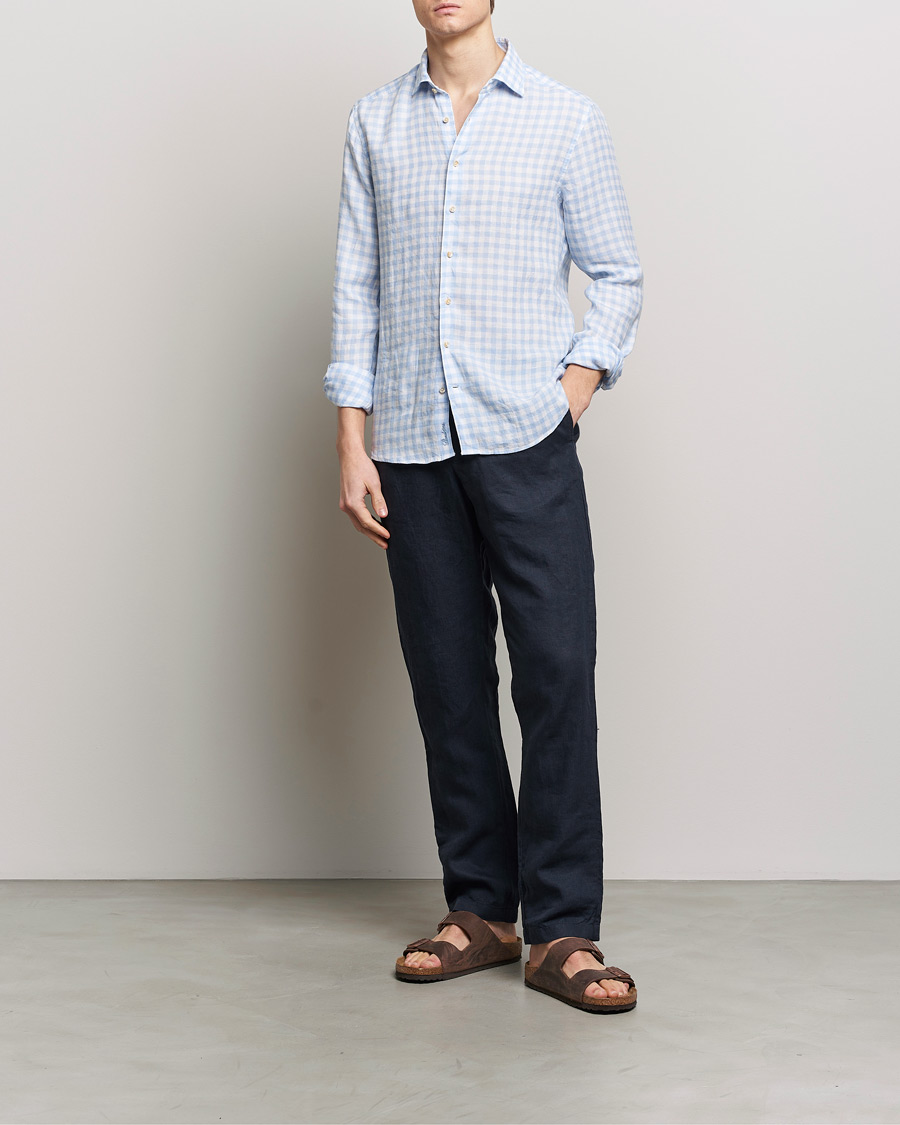 Homme | Chemises | Stenströms | Slimline Cut Away Checked Linen Shirt Light Blue