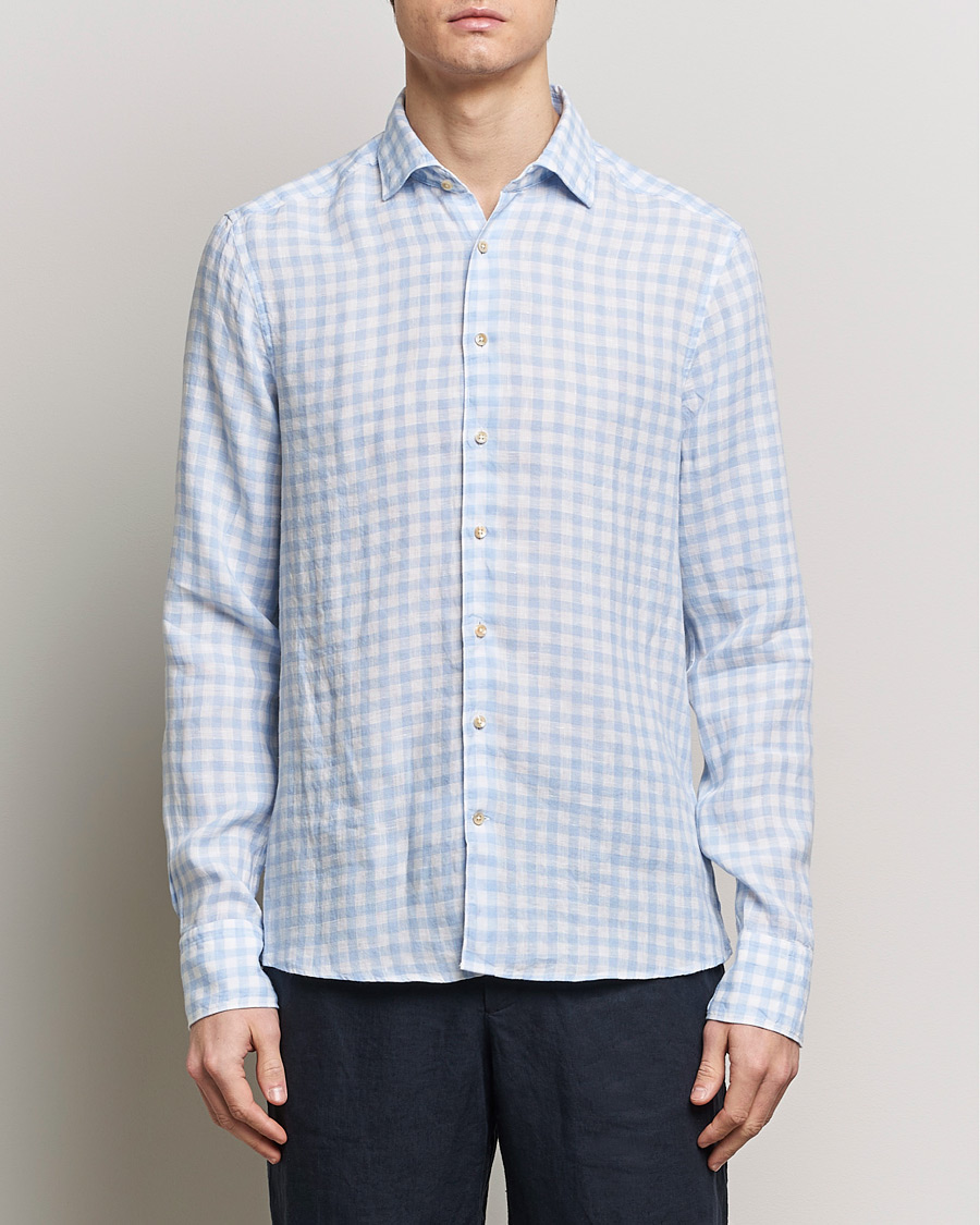 Homme | Chemises En Lin | Stenströms | Slimline Cut Away Checked Linen Shirt Light Blue