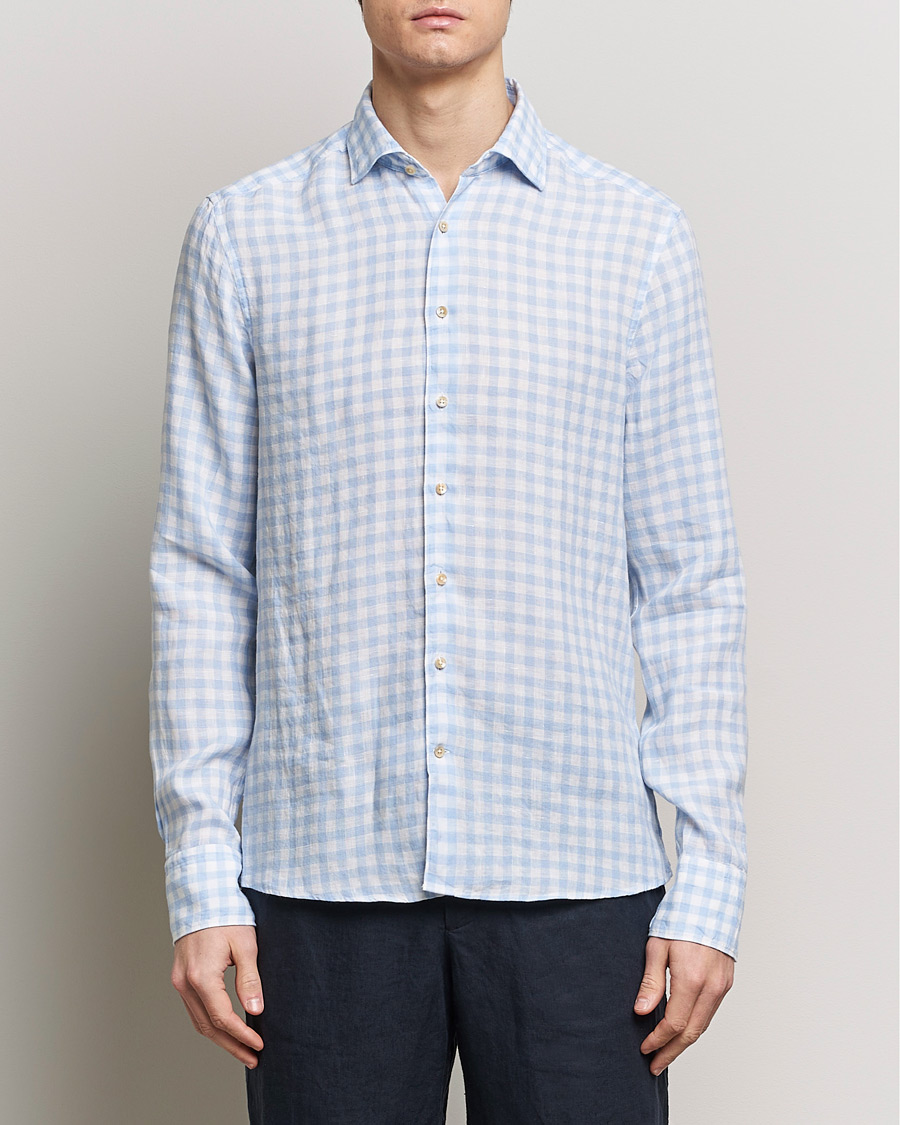 Homme | Chemises | Stenströms | Slimline Cut Away Checked Linen Shirt Light Blue