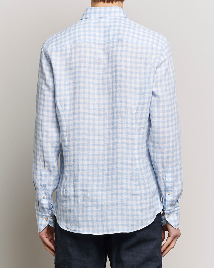 Homme | Chemises | Stenströms | Slimline Cut Away Checked Linen Shirt Light Blue
