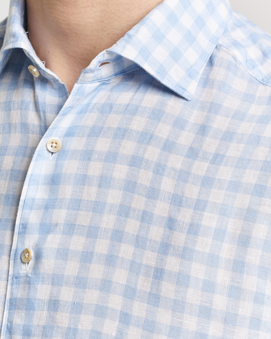 Homme | Chemises | Stenströms | Slimline Cut Away Checked Linen Shirt Light Blue