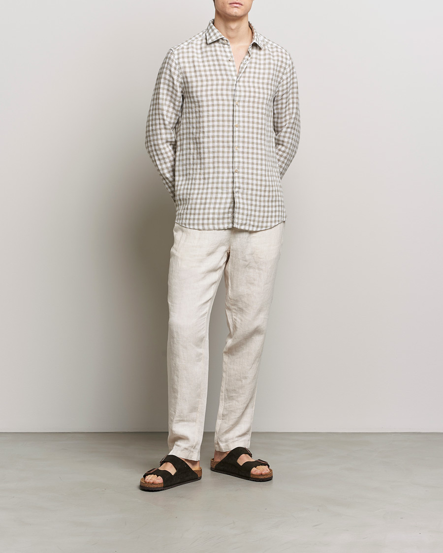 Homme | Chemises | Stenströms | Slimline Cut Away Checked Linen Shirt Light Grey