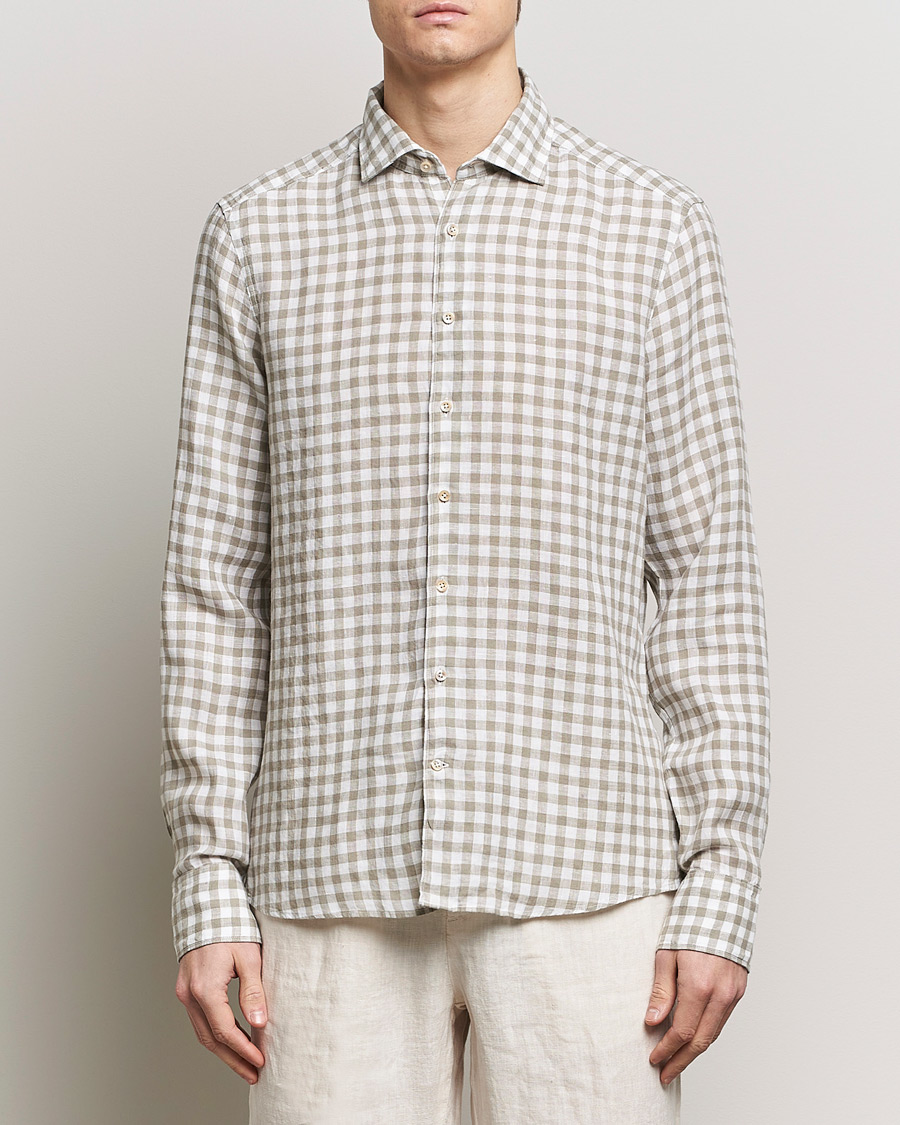 Homme | Chemises En Lin | Stenströms | Slimline Cut Away Checked Linen Shirt Light Grey